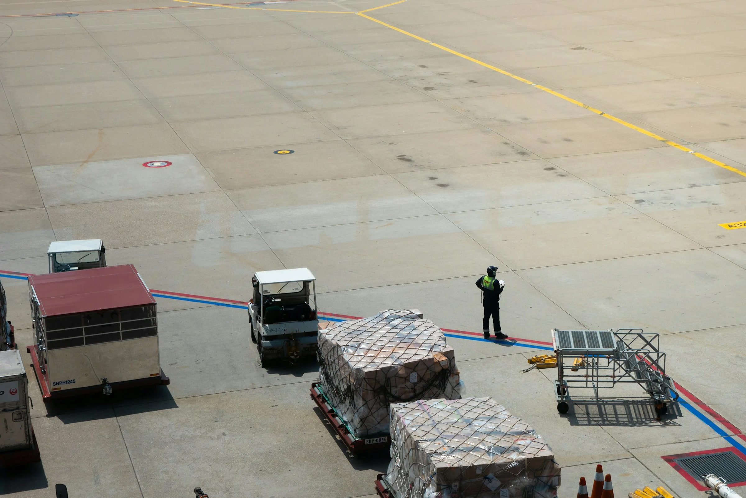 Air cargo pallets on dollies at the airport